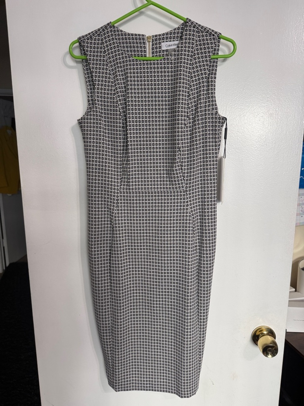 Calvin Klein Black and White Geometric Midi Sheath Dress